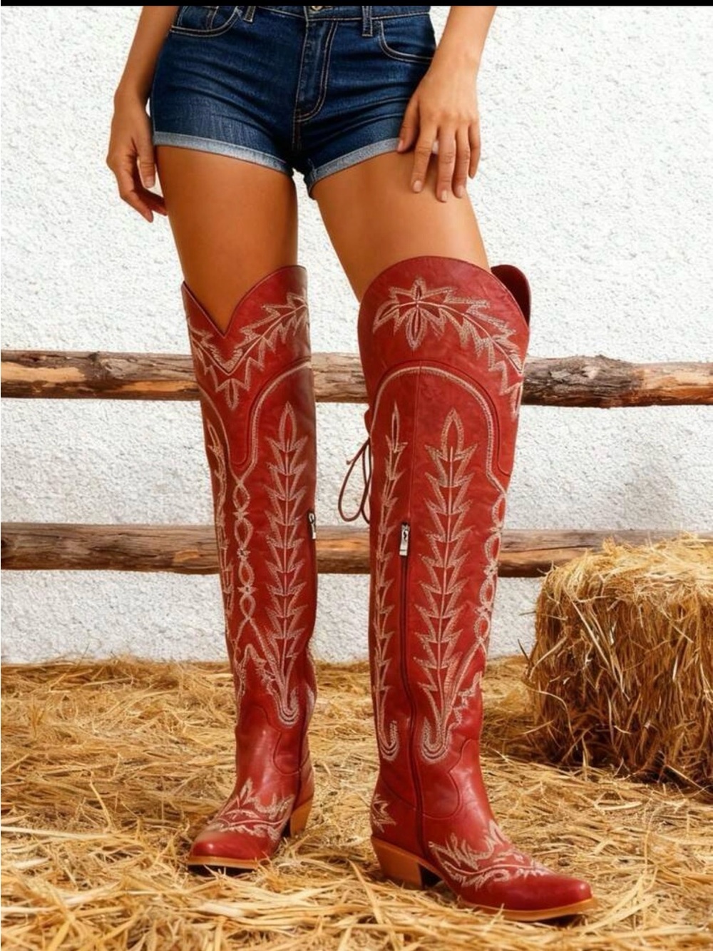 Women’s Red Embroidered Knee-High Western Heeled Boots